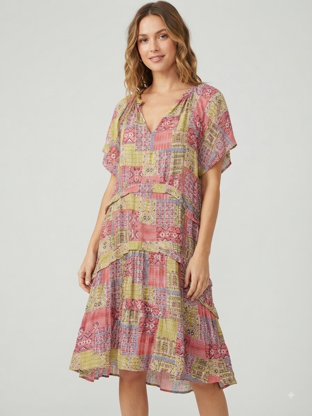 By Anthropologie Patchwork Boho Tiered Dress Women's Large L Short Sleeve Pink